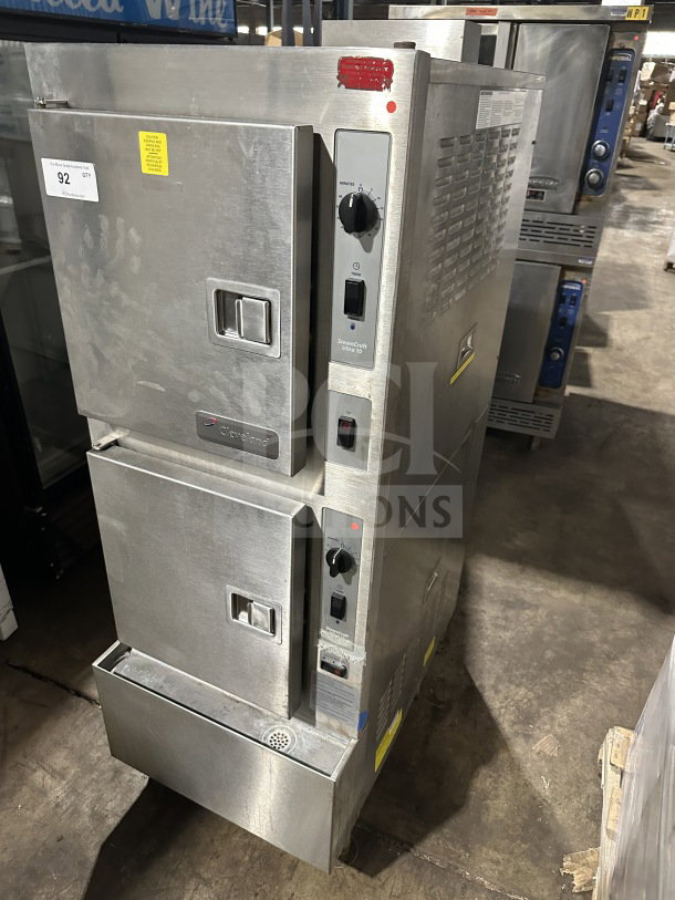 Cleveland Range Gemini Series 24CGA10 stainless steel dual compartment convection steamer. Natural gas, 10-pan, with controls.