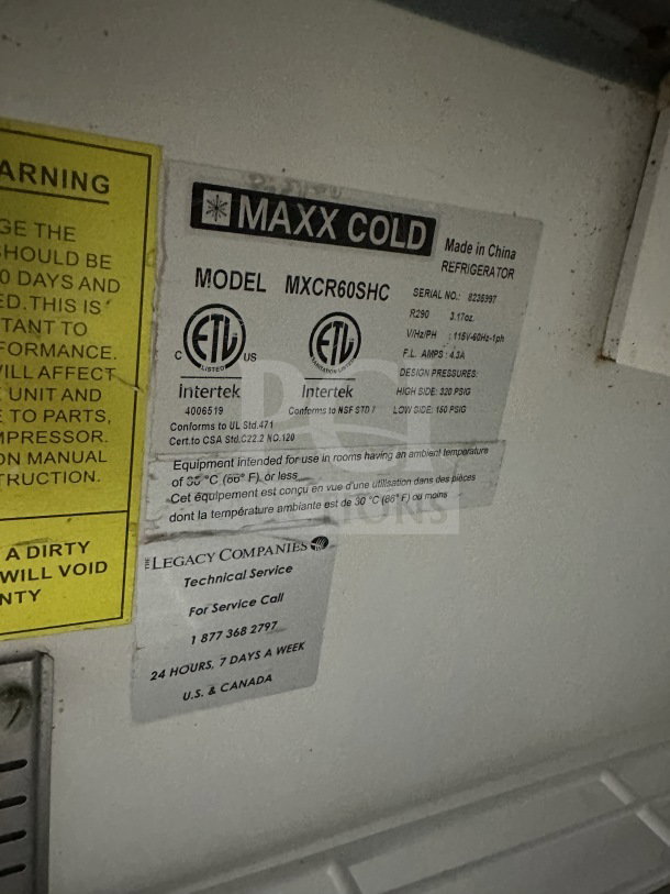 Maxx Cold MXCR60SHC label showing model, serial number, voltage details, and certification logos for a refrigerated prep table.