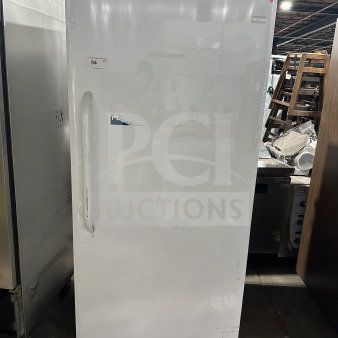 Frigidaire Electrolux commercial white upright freezer, model FFFH20F2QWC. Energy Star certified with poly coated wire rack.