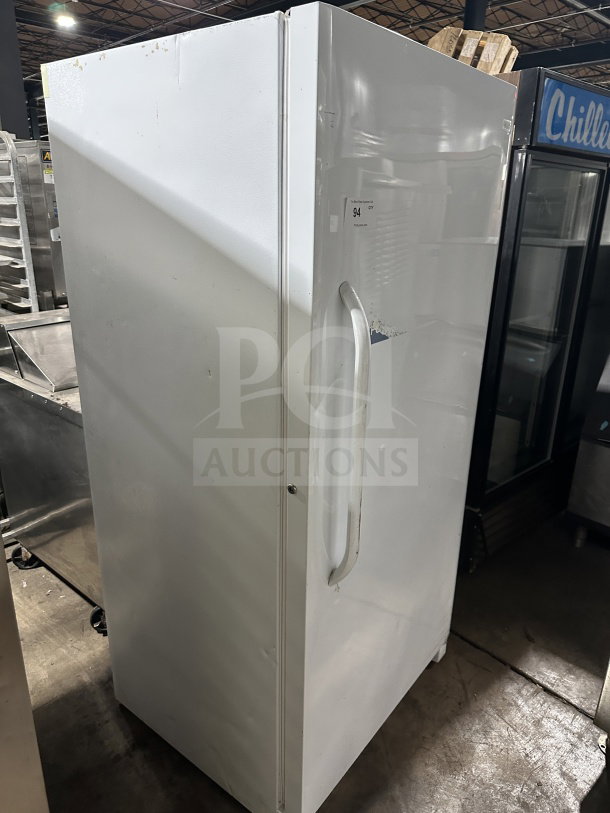 Frigidaire by Electrolux upright freezer, model FFFH20F2QWC, white, single door, Energy Star certified, poly-coated wire rack.