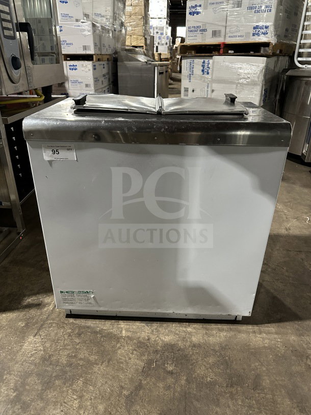 Global Commercial white electric ice cream dipping cabinet, stainless steel top, minor wear, model details visible on lower label.