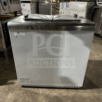 Global Commercial white electric ice cream dipping cabinet, stainless steel top, minor wear, model details visible on lower label.