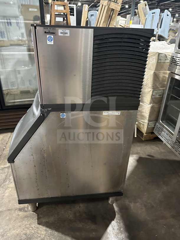 Manitowoc SY0304A ice machine head/bin combo, stainless steel, air-cooled, 115V, 1 phase, on legs, serial number 110077763.