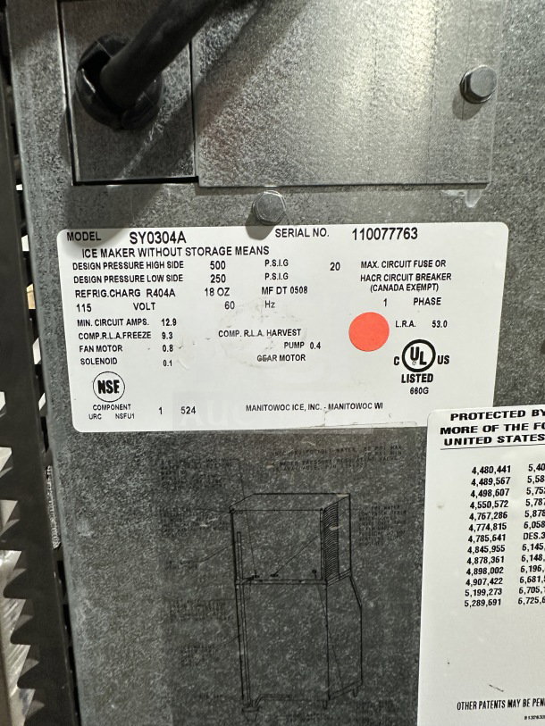 Manitowoc commercial stainless steel ice maker, model SY0304A, SN 110077763. 115V, 1 phase, air-cooled, with NSF label.