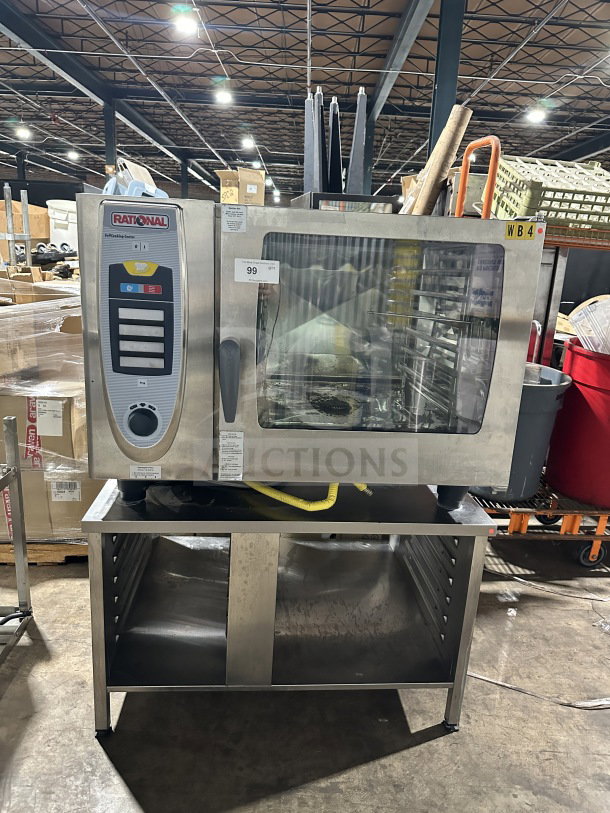 Rational SelfCooking Center SCC 62G combi oven, double-stacked, stainless steel, wired racks, blue gas hose, model SN: G62SE05082039884, natural gas.