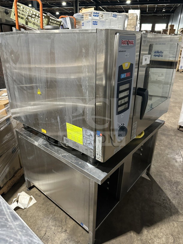 Rational SelfCooking Center SCC 62G commercial combi oven, stainless steel, double stacked, wired racks, blue gas hose.