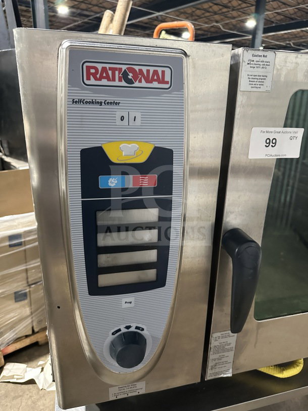 Rational SelfCooking Center SCC 62G combi oven, stainless steel, natural gas, blue connector hose, wired oven racks, excellent condition.