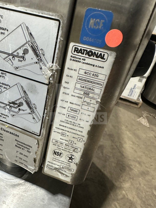Rational SCC 62G commercial stainless steel gas combi oven, model label visible, NSF certified.
