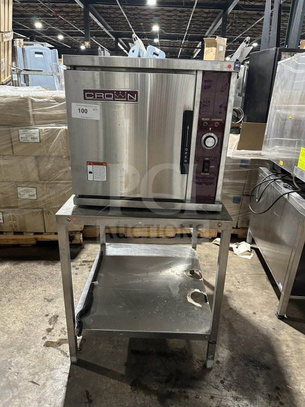Crown Commercial Stainless Steel Convection Steamer, Model SX-5, 208V, on stainless stand. Marked "Ready, Cooking."
