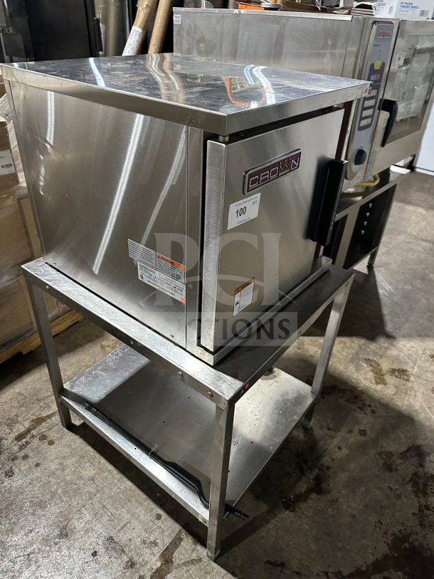 Crown SX-5 stainless steel countertop electric convection steamer, 208V, 1/3 phase, shown on metal stand, working condition.