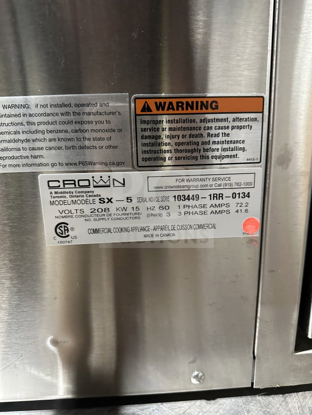 Crown SX-5 stainless steel convection steamer with warning labels. Model: SX-5, 208V, 1/3 phase, serial: 1032449-1RR-0134.