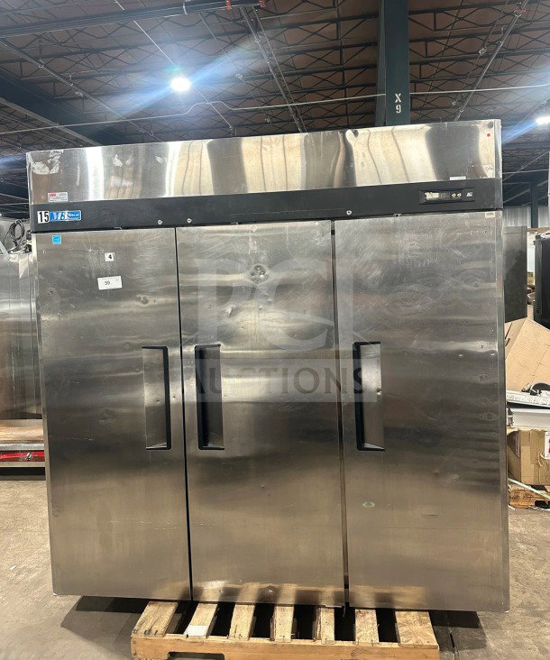 Turbo Air M3 Series 3-Door Stainless Steel Freezer, Model M3F723, poly coated racks, 115/208/230V, working condition.