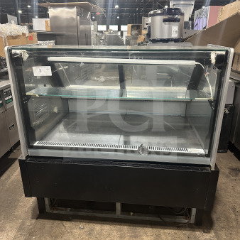 Senkar NETA4FT refrigerated bakery display case, clear glass, black base, multi-tier worktop, missing compressor. Model: NETA4FT.