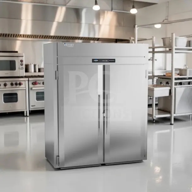 Victory FISA-2D-S1 commercial roll-in freezer, 68", 71 cu. ft., two solid stainless steel doors, excellent condition.