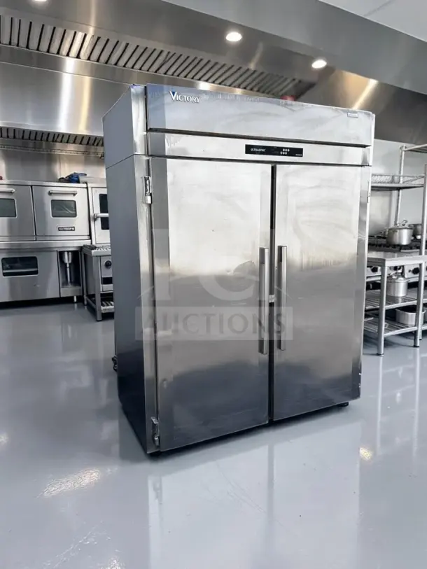 Victory FISA-2D-S1 68" roll-in freezer, stainless steel, two solid doors, 71 cu. ft., excellent condition, fully tested.