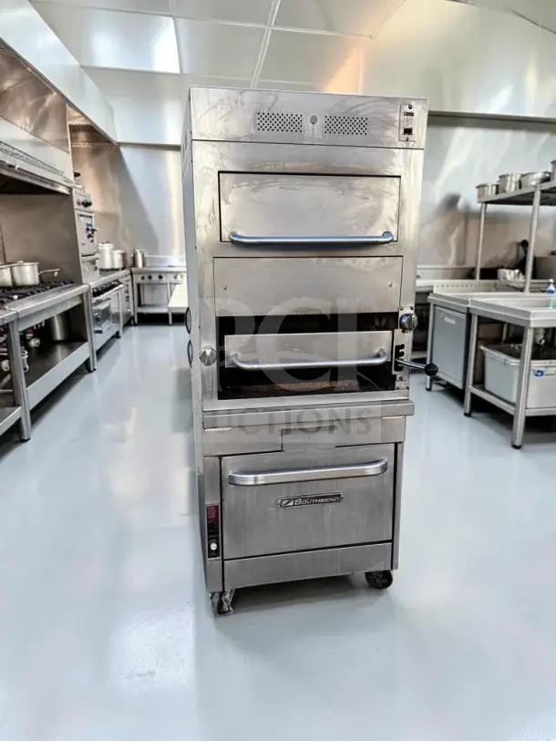 Southbend P32A-171 Platinum Series 32" gas infrared upright broiler with warming and convection oven base, fully operational.