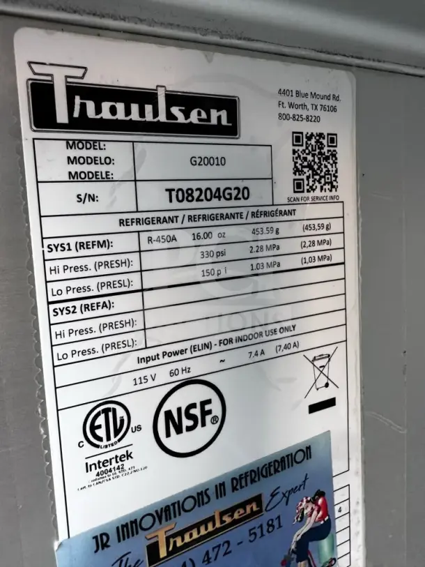 Traulsen G20010 label with model, serial number T08204G20, 115V, refrigerant details, and NSF certification.
