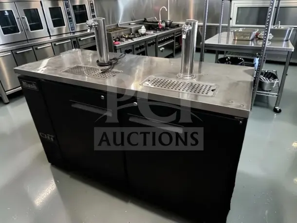 Migali C-DD60-2-HC beer dispenser, 60.8", two-door, two single-tap towers, black, high-grade condition, 15.8 cu. ft., 115V.