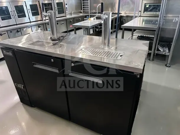 Migali C-DD60-2-HC beer dispenser, 60.8" wide, 15.8 cu. ft., black two-door, two single-tap towers, high-grade condition.