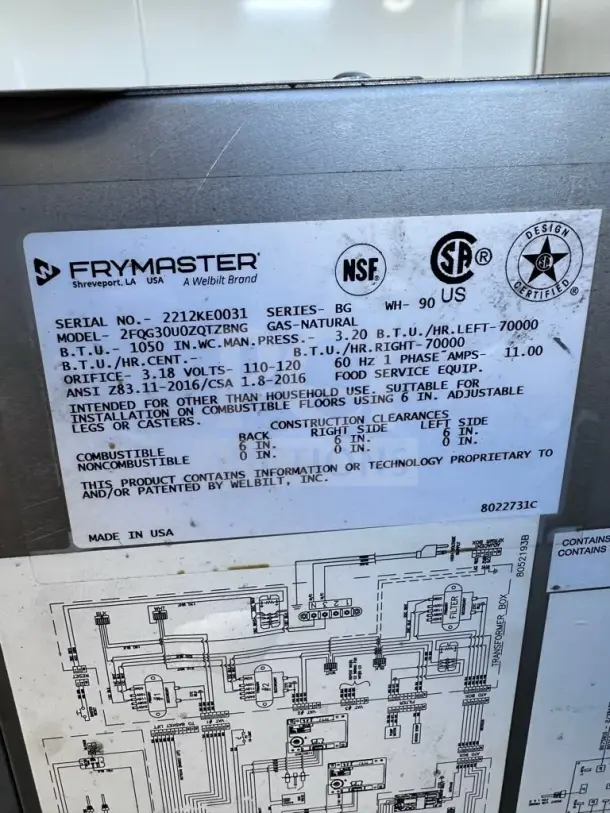 Frymaster 2FQG30U gas fryer label detailing model, BTU, and clearance specs; includes safety certifications.