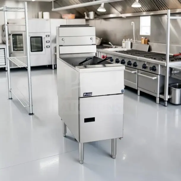 Pitco VF-35S commercial natural gas floor fryer, 35-lb oil capacity, 70,000 BTU, stainless steel, first-class condition.