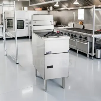 Pitco VF-35S commercial natural gas floor fryer, 35-lb oil capacity, 70,000 BTU, stainless steel, first-class condition.