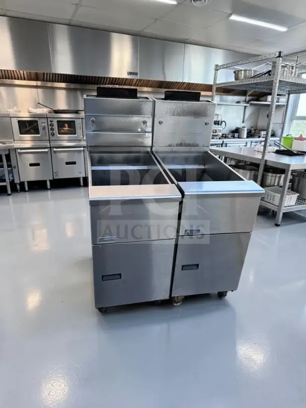 Pitco VF-35S commercial natural gas floor fryers, 35-lb oil capacity, 70,000 BTU, stainless steel, excellent condition, 2 units.