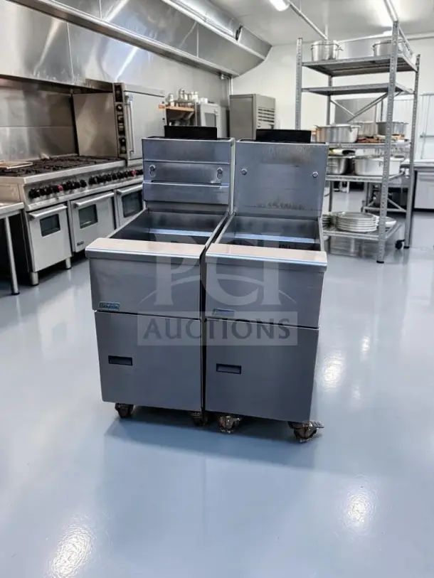 Pitco VF-35S commercial gas floor fryers, 35-lb oil capacity, 70,000 BTU, stainless steel, fully tested, excellent condition.