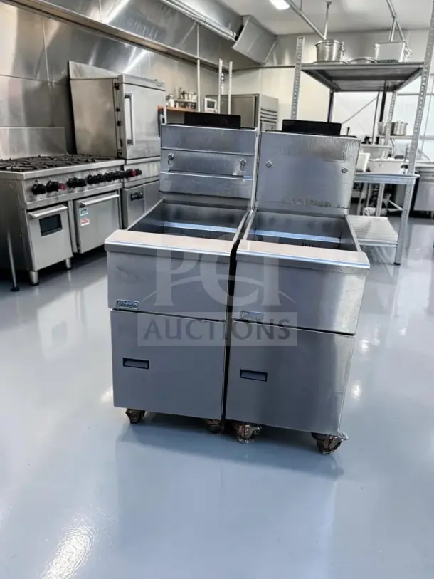 Pitco VF-35S commercial natural gas fryers, 35-lb. oil capacity, 70,000 BTU, stainless steel, excellent condition, quantity 2.