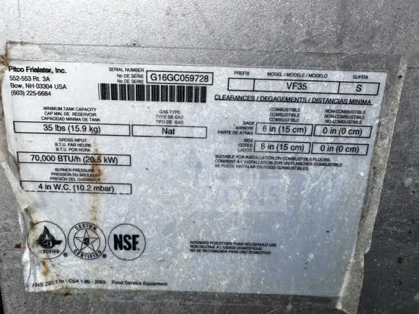 Label on Pitco VF-35S fryer details model, 35-lb oil capacity, 70,000 BTU, natural gas type, serial number G16GC059728.