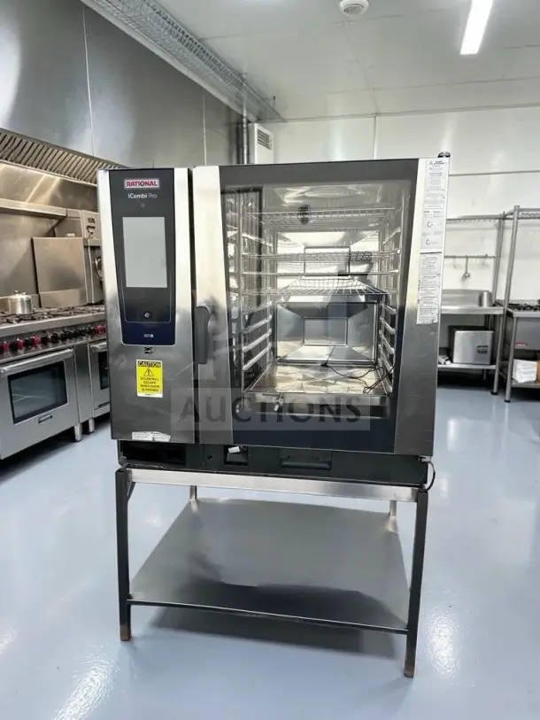 Rational iCombi Pro 10-Full Size Electric Combi Oven in immaculate condition, with mobile rack, stainless steel stand, 208/240V.