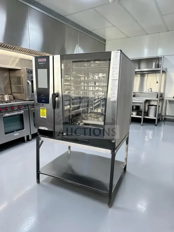 Rational iCombi Pro 10-Full Size Electric oven in immaculate condition with 10 pan capacity, mobile rack, and steel stand. Fully tested.