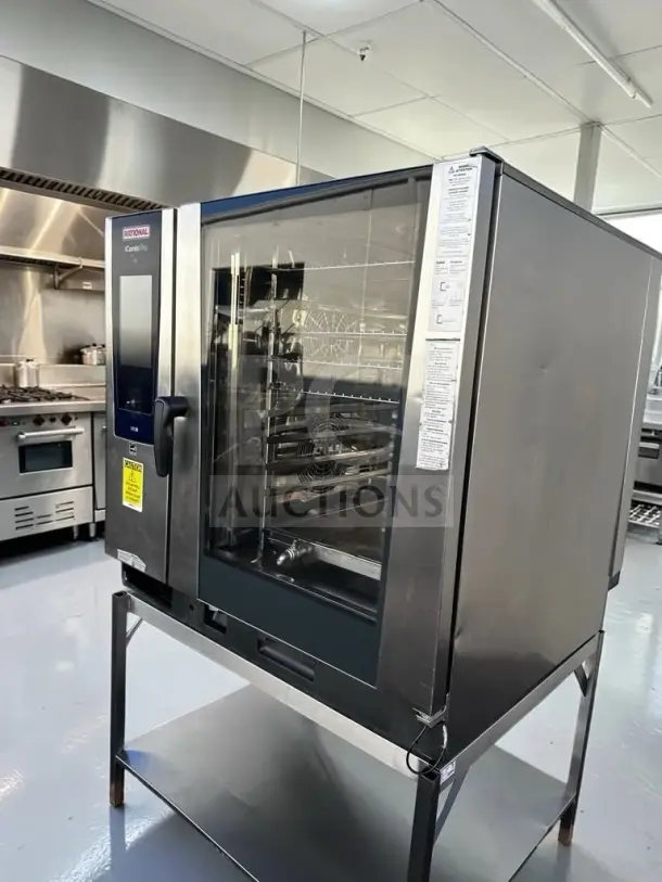 Rational iCombi Pro 10-Full Size Electric combi oven in immaculate condition, on stainless steel stand, 10-sheet pan capacity.