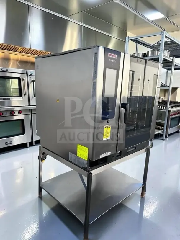 Rational iCombi Pro 10-Full Size Electric oven on a stainless steel stand, in immaculate condition, with visible warning labels.