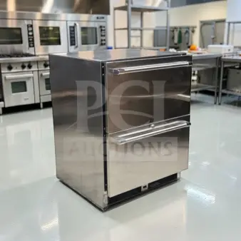 Stainless steel two-drawer undercounter refrigerator, commercial grade, optimal condition, space-saving design, fully tested.