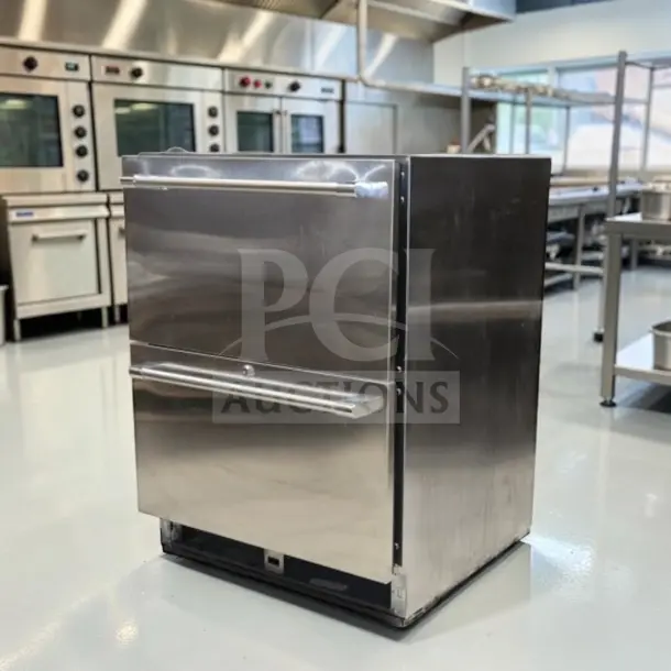 Stainless steel two-drawer undercounter refrigerator, optimal condition, space-saving design, model GEN-M-REF-1317.