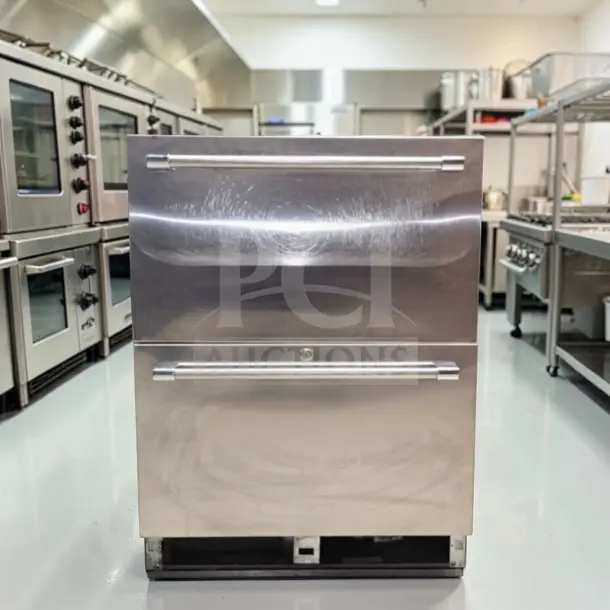 Stainless steel two-drawer undercounter refrigerator, optimal condition, space-saving design, model GEN-M-REF-1317, fully tested.