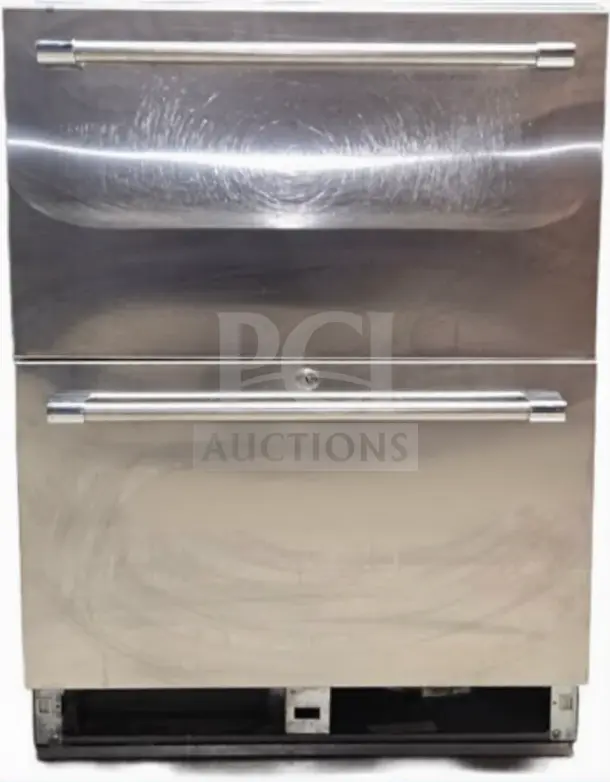 Optimal condition stainless steel two-drawer undercounter refrigerator, model GEN-M-REF-1317, fully tested, space-saving.