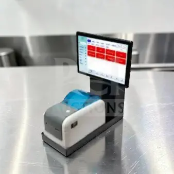 Label King Turbo food labeling system with printer, touchscreen, and wireless hub on stainless steel counter. Fully tested and operational.