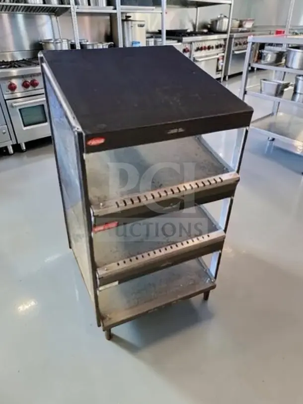 Hatco GRSDS-24T triple-shelf open heated merchandiser with infrared heat, 24", fully operational, NSF listed.