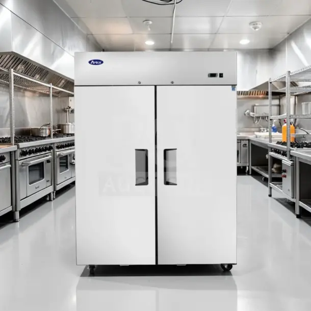 Atosa MBF8002GR commercial two-door freezer, 44.5 cu. ft., stainless steel, top-mounted, tested, excellent condition.
