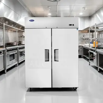 Atosa MBF8002GR commercial two-door freezer, 44.5 cu. ft., stainless steel, top-mounted, tested, excellent condition.