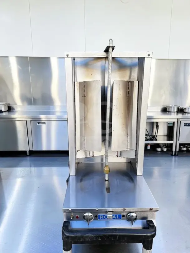 Royal Range RVB-2 gyro broiler; stainless steel, two-burner, propane gas, 26,000 BTU, motorized rotisserie, NSF certified.