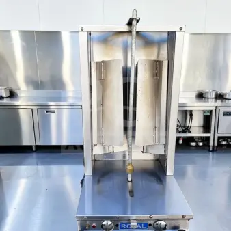 Royal Range RVB-2 gyro broiler; stainless steel, two-burner, propane gas, 26,000 BTU, motorized rotisserie, NSF certified.
