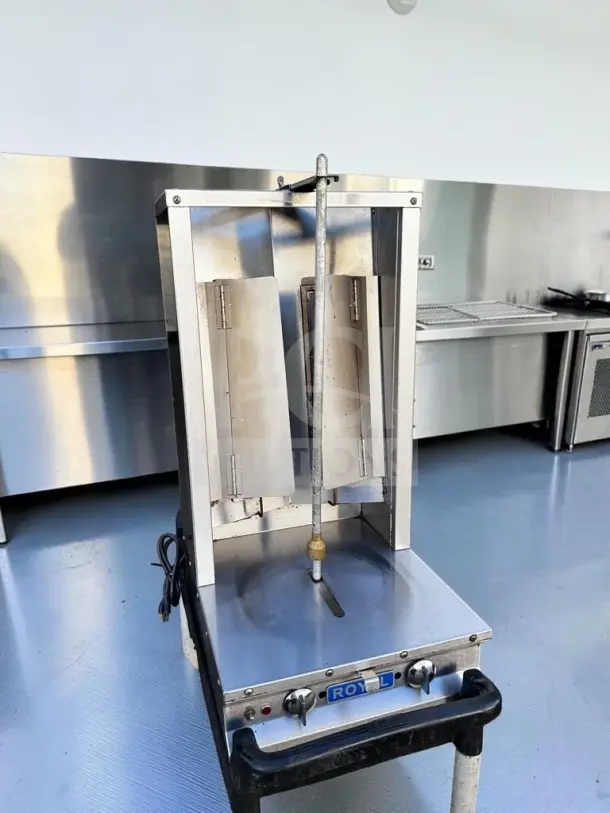 Royal Range RVB-2 commercial two-burner vertical gyro broiler, propane gas, 26,000 BTU, motorized rotisserie, NSF certified.