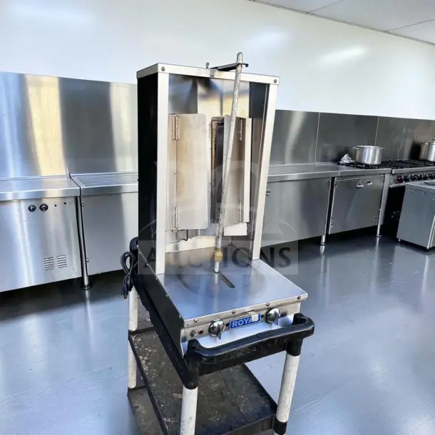 Royal Range RVB-2 commercial two-burner gyro broiler, propane, 26,000 BTU, motorized rotisserie, NSF certified, tested operational.