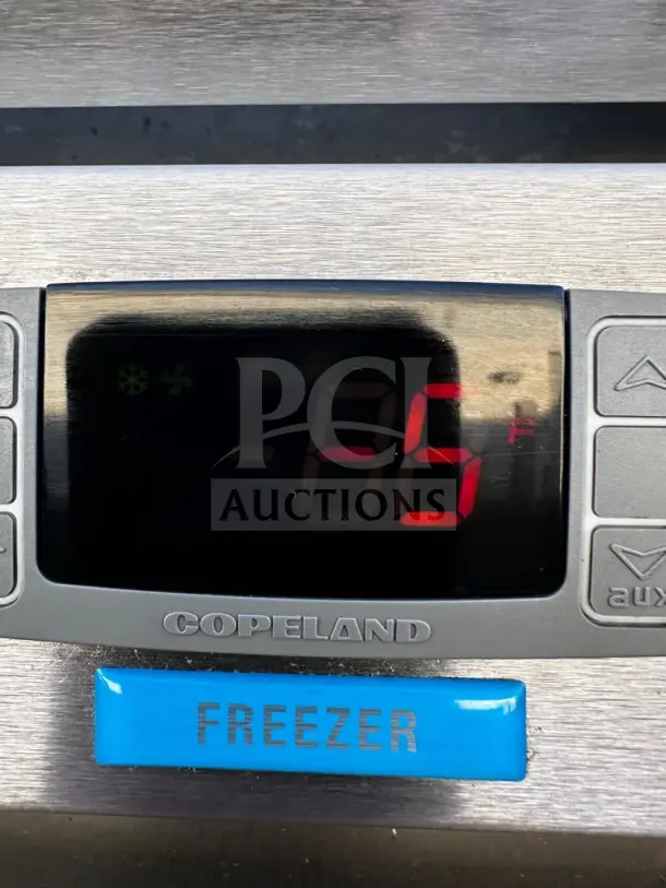 Beverage-Air HFP2-1S freezer display showing temperature, COPeland branding, and blue "FREEZER" label.