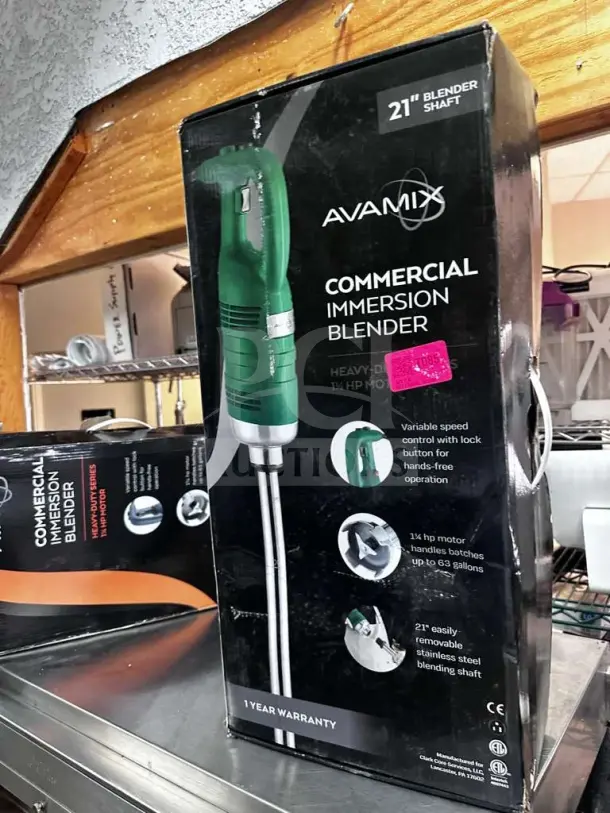 AvaMix IBHD21 immersion blender in box, new condition, 21" shaft, 1 1/4 HP motor, variable speed control, 1-year warranty.