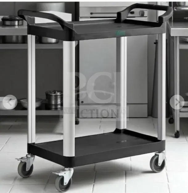 Brand new Choice Small Bus Cart, model BUS-S-CART-0770, 2-shelf utility cart, 24" x 16", heavy-duty for commercial use, black.