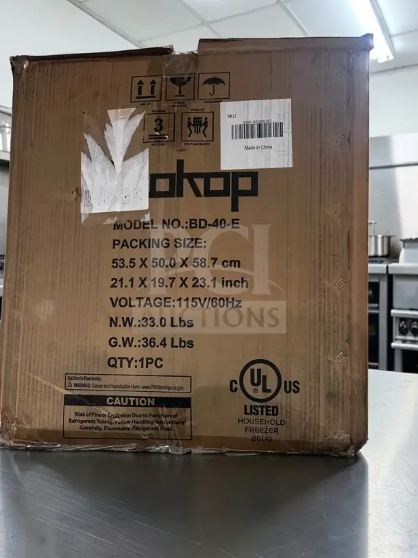 New ZOKOP BD-40-E compact upright freezer, 31.1L, 1.1 cu. ft., 115V, cULus listed. Open box, new condition. Packaging details visible.